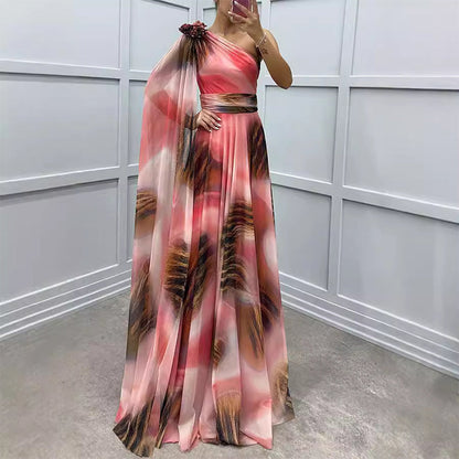 🌸Spring Specials💐Women's Fluttering Chiffon Printed Diagonal Shoulder Dresses