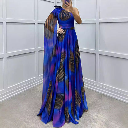 🌸Spring Specials💐Women's Fluttering Chiffon Printed Diagonal Shoulder Dresses