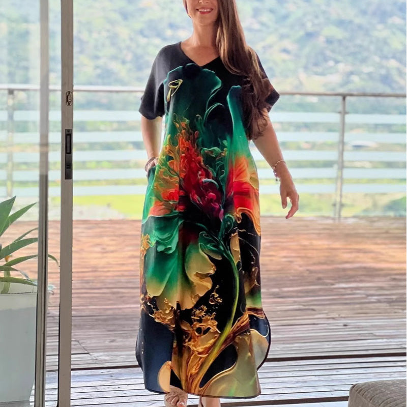 🌴Summer Specials🌴Women's Loose Casual V-Neck Printed Short Sleeve Dresses