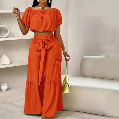 ⏳Time-Limited Special⏰Off-Shoulder Puff Sleeve Top & Wide-Leg Pants Set – Elegant Summer 2-Piece! 💃