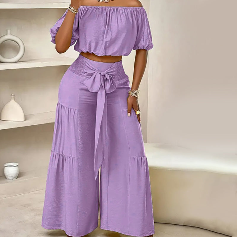 ⏳Time-Limited Special⏰Off-Shoulder Puff Sleeve Top & Wide-Leg Pants Set – Elegant Summer 2-Piece! 💃