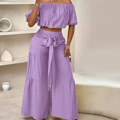 ⏳Time-Limited Special⏰Off-Shoulder Puff Sleeve Top & Wide-Leg Pants Set – Elegant Summer 2-Piece! 💃