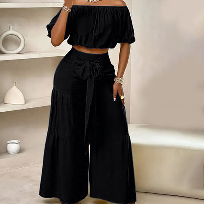 ⏳Time-Limited Special⏰Off-Shoulder Puff Sleeve Top & Wide-Leg Pants Set – Elegant Summer 2-Piece! 💃