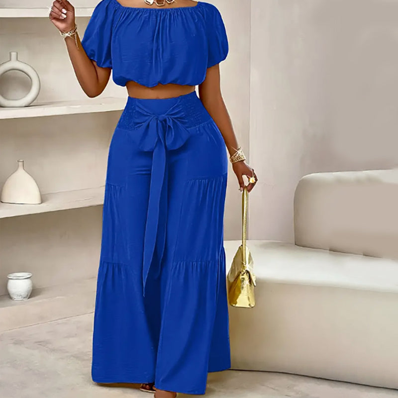 ⏳Time-Limited Special⏰Off-Shoulder Puff Sleeve Top & Wide-Leg Pants Set – Elegant Summer 2-Piece! 💃