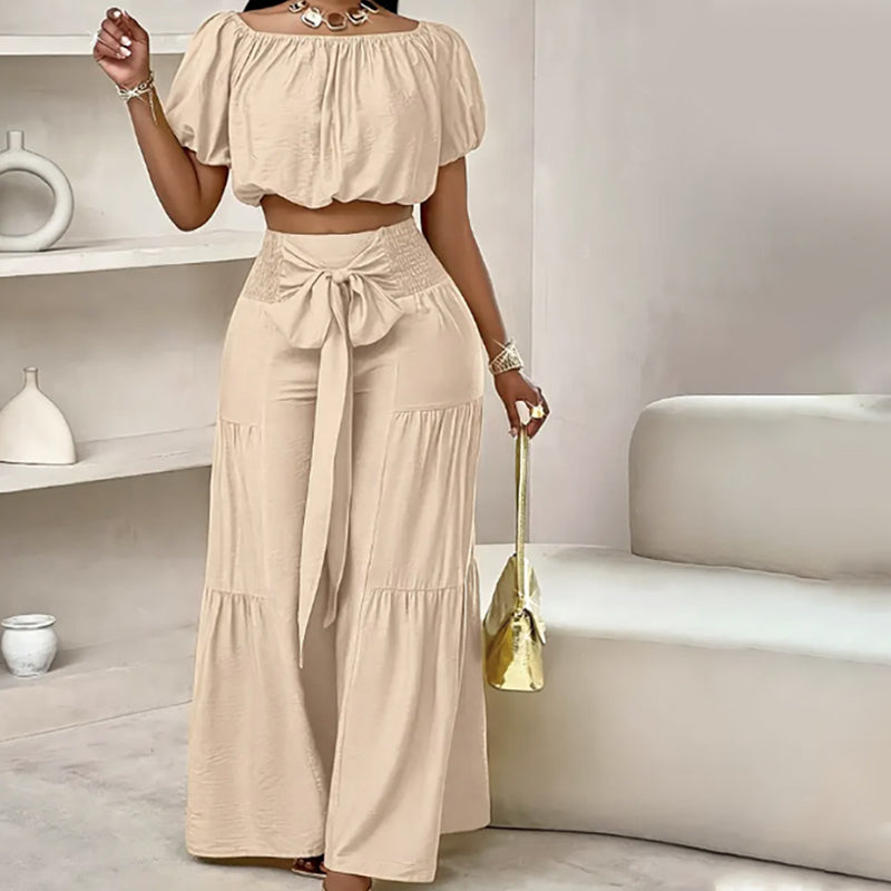 ⏳Time-Limited Special⏰Off-Shoulder Puff Sleeve Top & Wide-Leg Pants Set – Elegant Summer 2-Piece! 💃