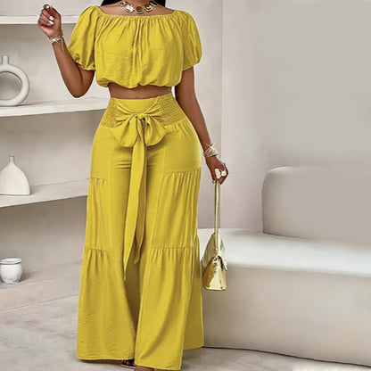 ⏳Time-Limited Special⏰Off-Shoulder Puff Sleeve Top & Wide-Leg Pants Set – Elegant Summer 2-Piece! 💃
