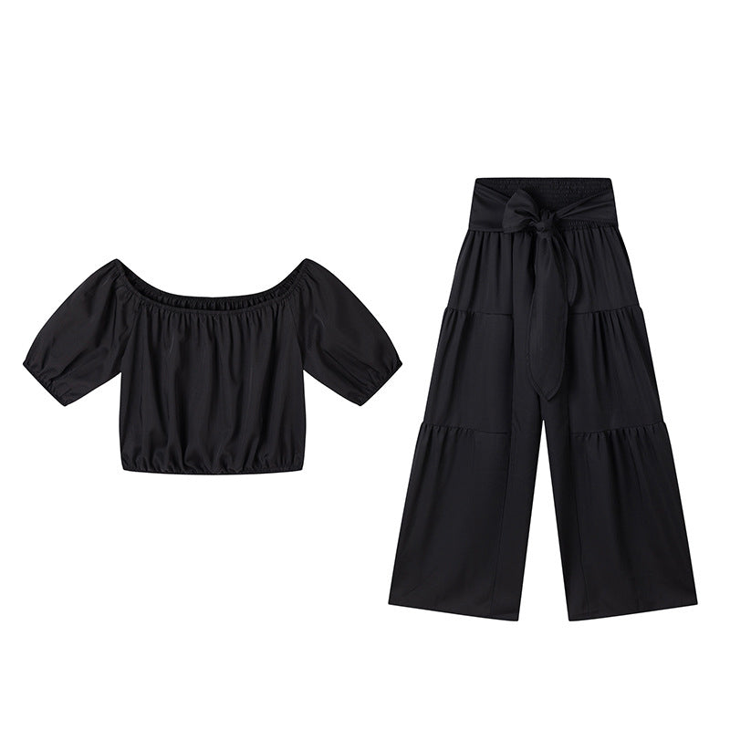 ⏳Time-Limited Special⏰Off-Shoulder Puff Sleeve Top & Wide-Leg Pants Set – Elegant Summer 2-Piece! 💃