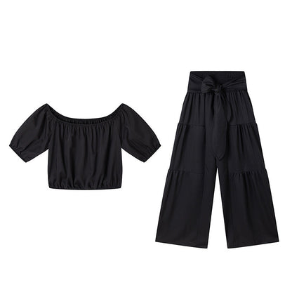 ⏳Time-Limited Special⏰Off-Shoulder Puff Sleeve Top & Wide-Leg Pants Set – Elegant Summer 2-Piece! 💃