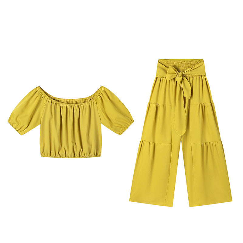⏳Time-Limited Special⏰Off-Shoulder Puff Sleeve Top & Wide-Leg Pants Set – Elegant Summer 2-Piece! 💃