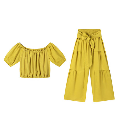 ⏳Time-Limited Special⏰Off-Shoulder Puff Sleeve Top & Wide-Leg Pants Set – Elegant Summer 2-Piece! 💃