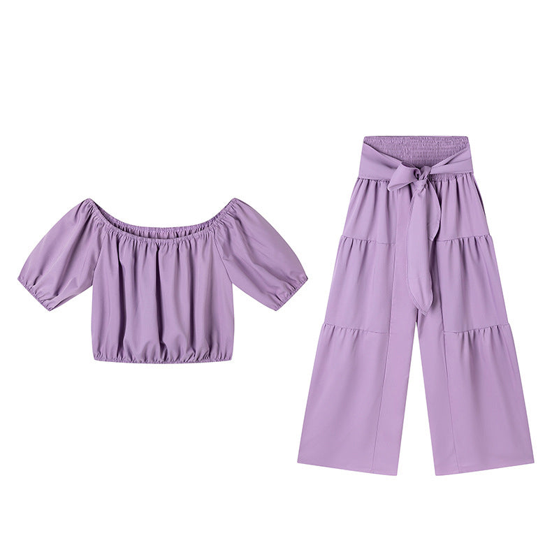 ⏳Time-Limited Special⏰Off-Shoulder Puff Sleeve Top & Wide-Leg Pants Set – Elegant Summer 2-Piece! 💃