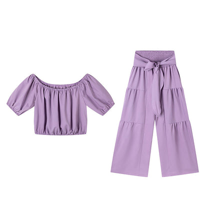 ⏳Time-Limited Special⏰Off-Shoulder Puff Sleeve Top & Wide-Leg Pants Set – Elegant Summer 2-Piece! 💃