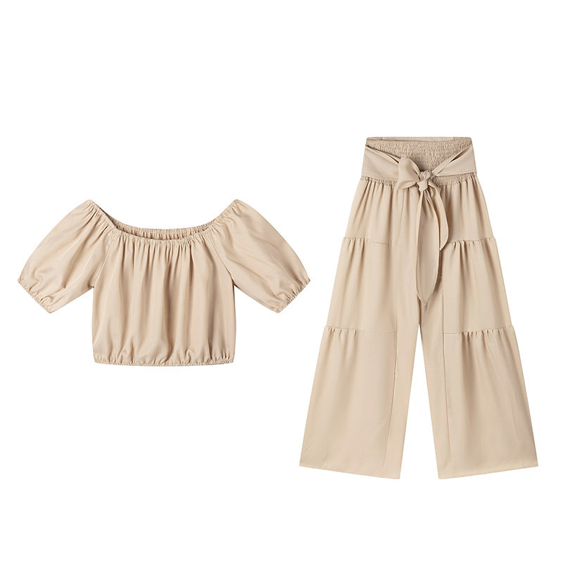 ⏳Time-Limited Special⏰Off-Shoulder Puff Sleeve Top & Wide-Leg Pants Set – Elegant Summer 2-Piece! 💃