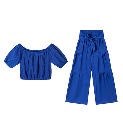 ⏳Time-Limited Special⏰Off-Shoulder Puff Sleeve Top & Wide-Leg Pants Set – Elegant Summer 2-Piece! 💃