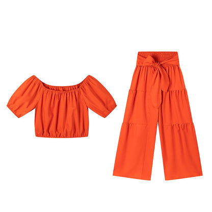 ⏳Time-Limited Special⏰Off-Shoulder Puff Sleeve Top & Wide-Leg Pants Set – Elegant Summer 2-Piece! 💃