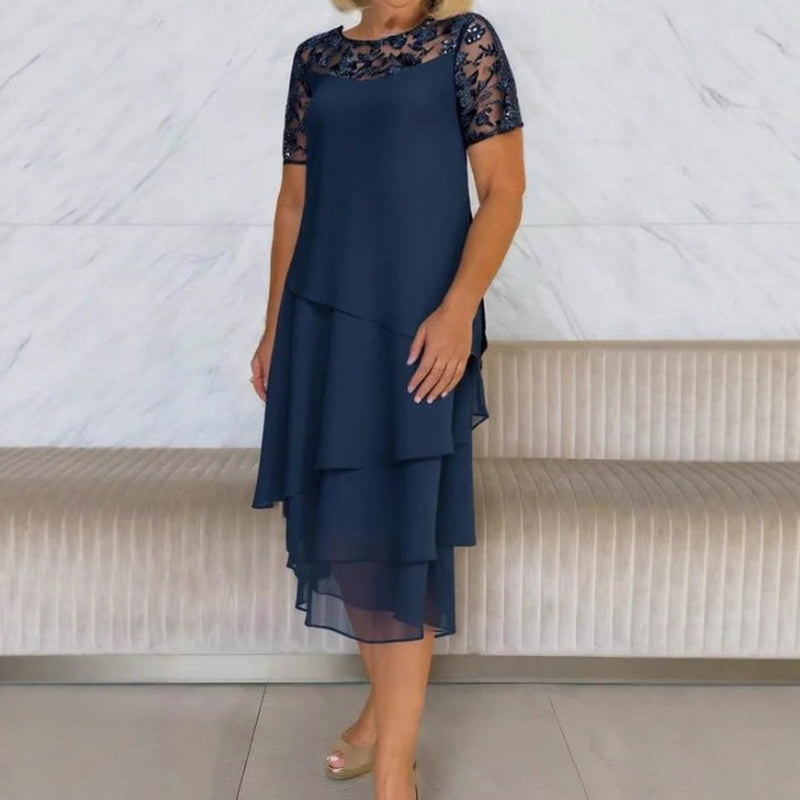 Women's Layered Mesh A-Line Midi Dress