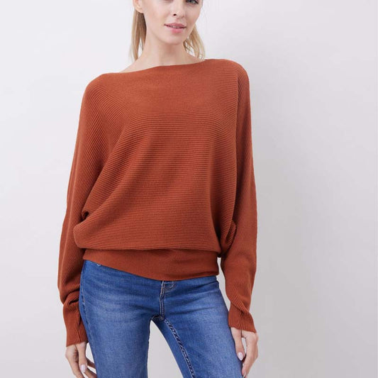 Women's Boat Neck Dolman Sleeve Ribbed Knitted Sweaters