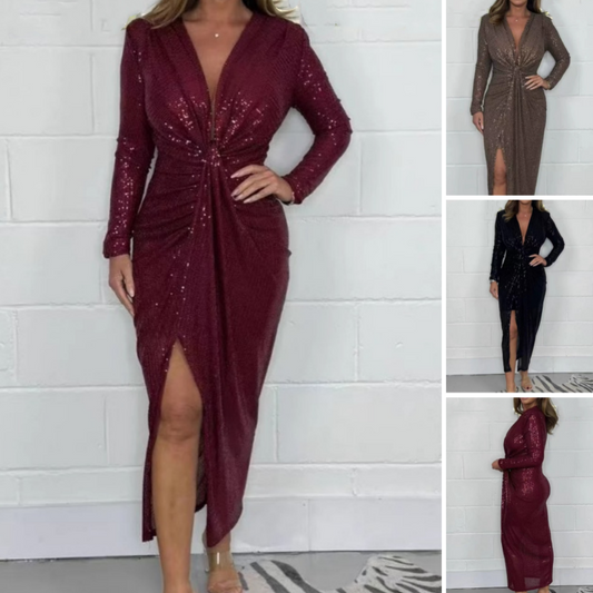 ⏳Time-Limited Special⏰Women V-neck Pleated Sequined Slit Elegant Temperament Evening Party Dress