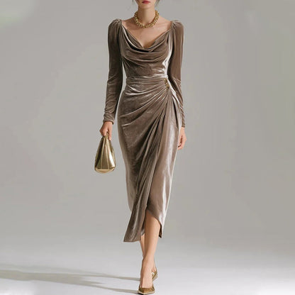 ⏳Time-Limited Special⏰Long Sleeve Cowl Neck Ruched Slit Dress