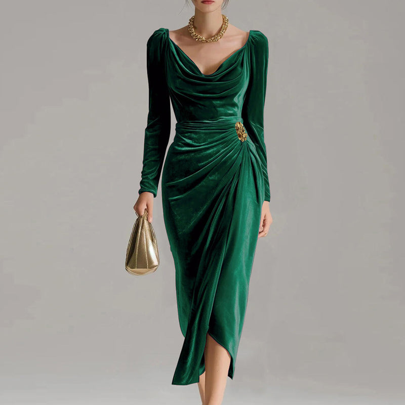 ⏳Time-Limited Special⏰Long Sleeve Cowl Neck Ruched Slit Dress