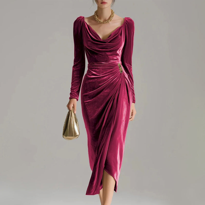 ⏳Time-Limited Special⏰Long Sleeve Cowl Neck Ruched Slit Dress