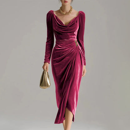 ⏳Time-Limited Special⏰Long Sleeve Cowl Neck Ruched Slit Dress