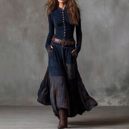 Vintage Stand Collar Button-Down Swing Dress