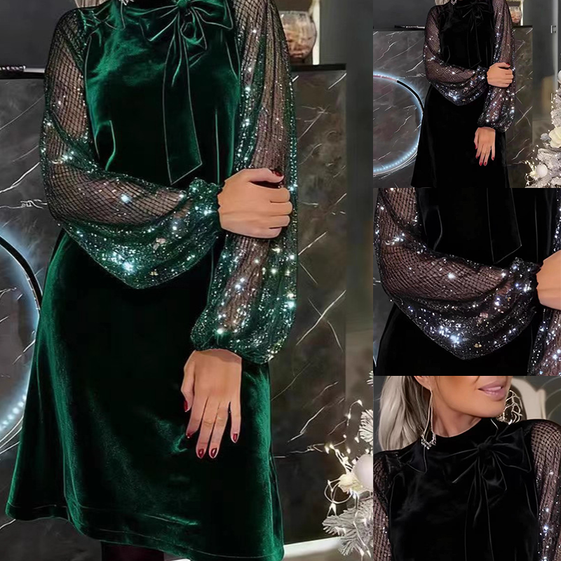 ⏳Time-Limited Special⏰Women's Sequin Bow Tie Neck Dress✨👗