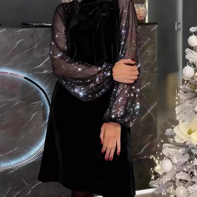 ⏳Time-Limited Special⏰Women's Sequin Bow Tie Neck Dress✨👗