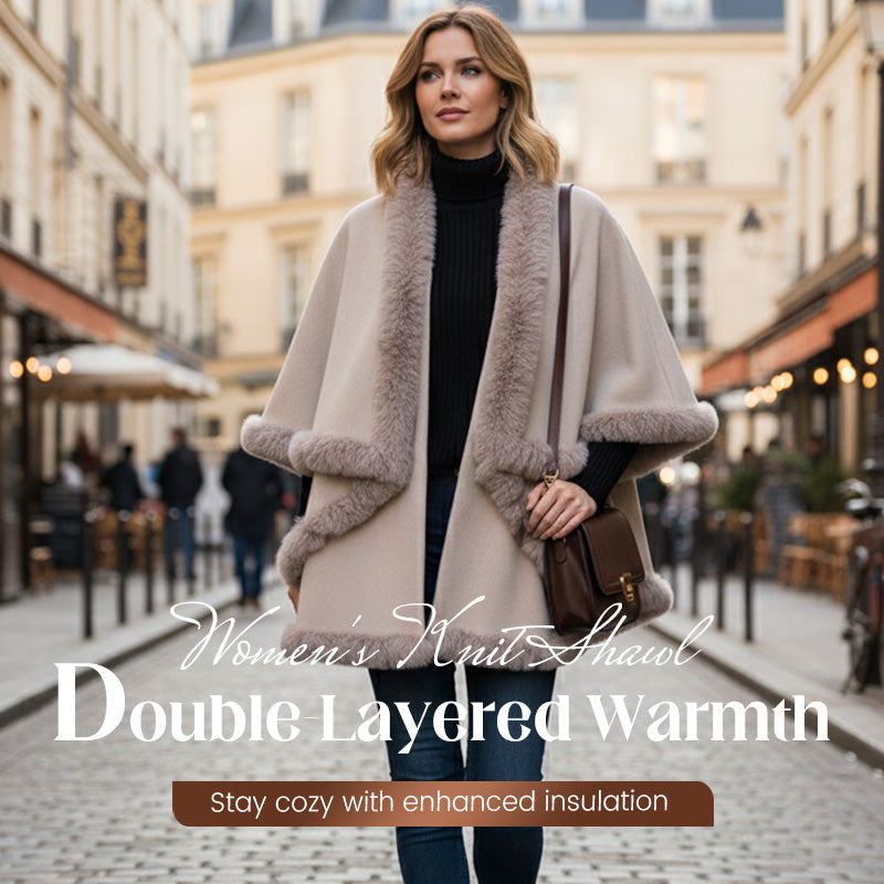 Women's Double-Layer Knit Shawl with Plush Trim