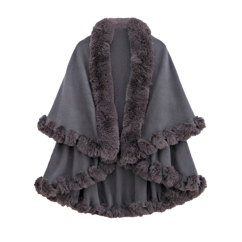 Women's Double-Layer Knit Shawl with Plush Trim