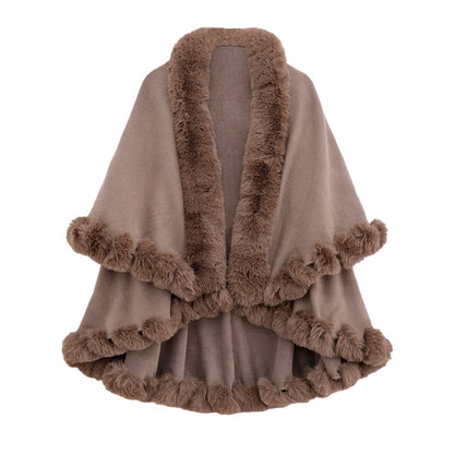 Women's Double-Layer Knit Shawl with Plush Trim
