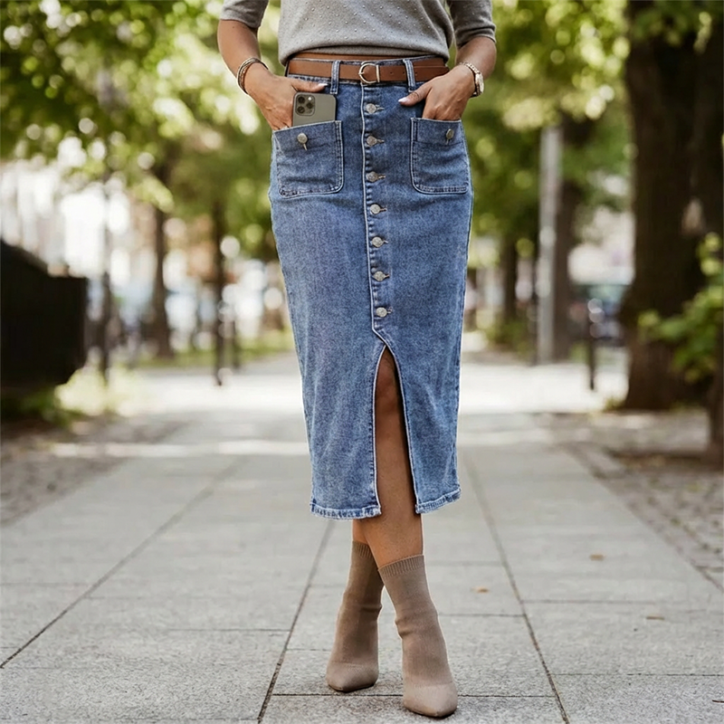 ⏳Time-Limited Special⏰High-Waist Button-Front Denim Skirt