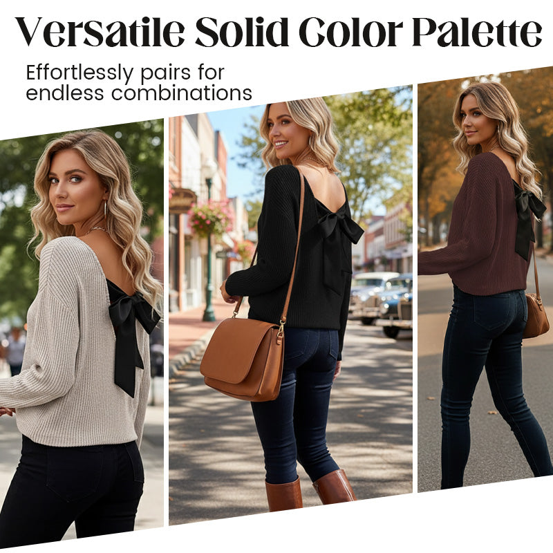 Women's V-Neck Sweater with Elegant Back Bow Tie