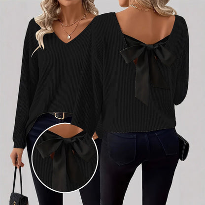 Women's V-Neck Sweater with Elegant Back Bow Tie