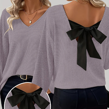 Women's V-Neck Sweater with Elegant Back Bow Tie