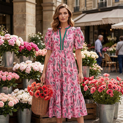 ⏳Time-Limited Special⏰Women's Floral Puff Sleeve Maxi Dress – Flowy Tiered Silhouette, V-Neck & Breathable Polyester (S–3XL) 🌸👗