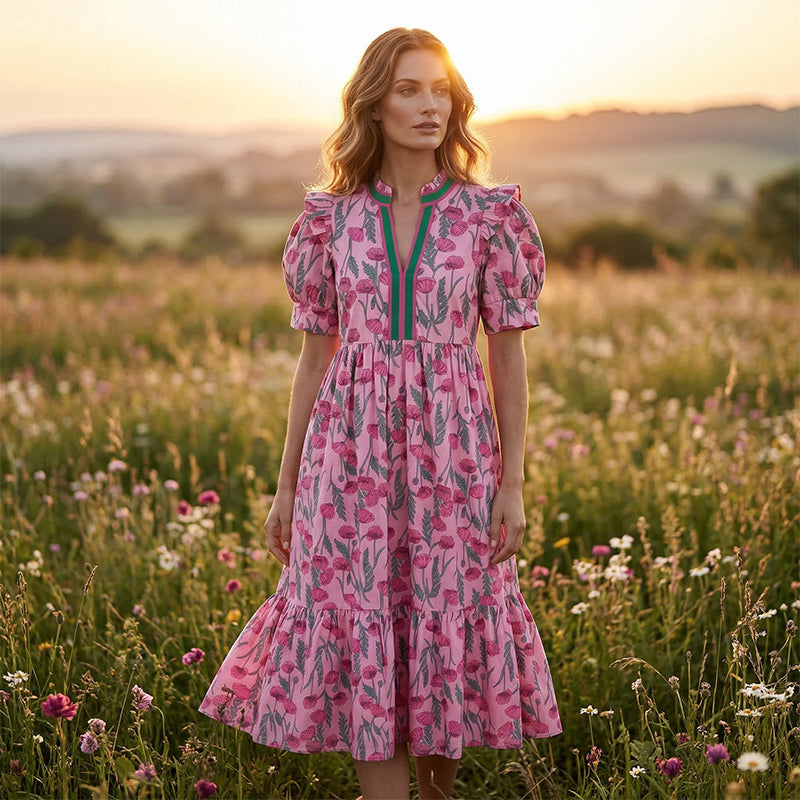⏳Time-Limited Special⏰Women's Floral Puff Sleeve Maxi Dress – Flowy Tiered Silhouette, V-Neck & Breathable Polyester (S–3XL) 🌸👗