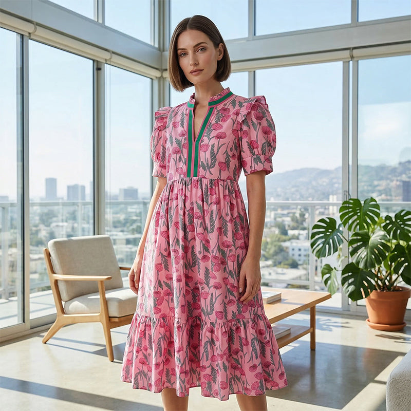 ⏳Time-Limited Special⏰Women's Floral Puff Sleeve Maxi Dress – Flowy Tiered Silhouette, V-Neck & Breathable Polyester (S–3XL) 🌸👗