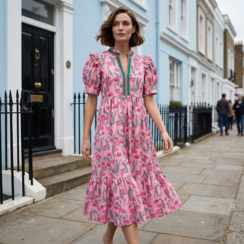 ⏳Time-Limited Special⏰Women's Floral Puff Sleeve Maxi Dress – Flowy Tiered Silhouette, V-Neck & Breathable Polyester (S–3XL) 🌸👗