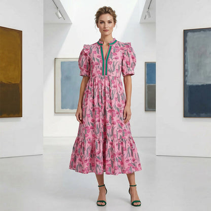 ⏳Time-Limited Special⏰Women's Floral Puff Sleeve Maxi Dress – Flowy Tiered Silhouette, V-Neck & Breathable Polyester (S–3XL) 🌸👗