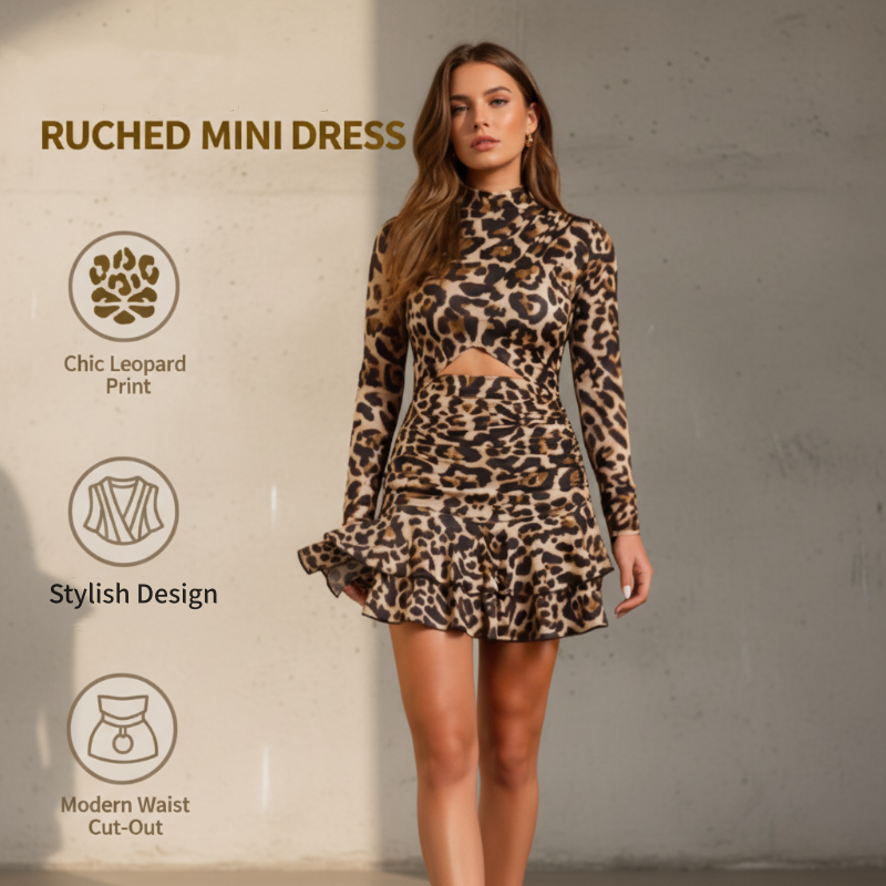 ⏳Time-Limited Special⏰Leopard Print Ruched Mini Dress – Soft stretch, tummy-flattering ruching. Chic print, playful length. Perfect for dinners or parties. 🐆✨