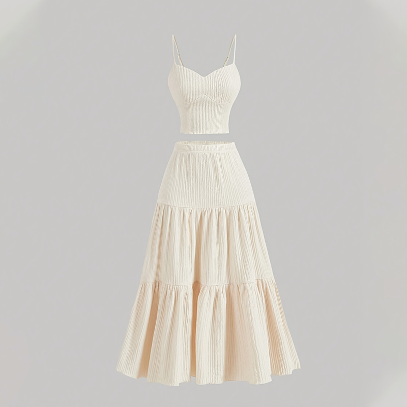 ⏳Time-Limited Special⏰High Waist A-Line Skirt and Cami Top Set – Tiered Skirt, Crinkle Fabric, Boho-Chic ✨