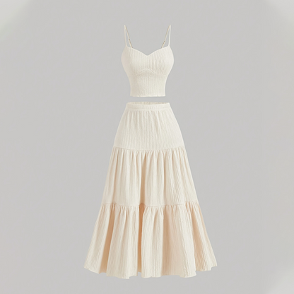 ⏳Time-Limited Special⏰High Waist A-Line Skirt and Cami Top Set – Tiered Skirt, Crinkle Fabric, Boho-Chic ✨