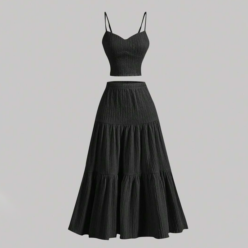 ⏳Time-Limited Special⏰High Waist A-Line Skirt and Cami Top Set – Tiered Skirt, Crinkle Fabric, Boho-Chic ✨