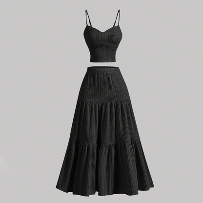 ⏳Time-Limited Special⏰High Waist A-Line Skirt and Cami Top Set – Tiered Skirt, Crinkle Fabric, Boho-Chic ✨