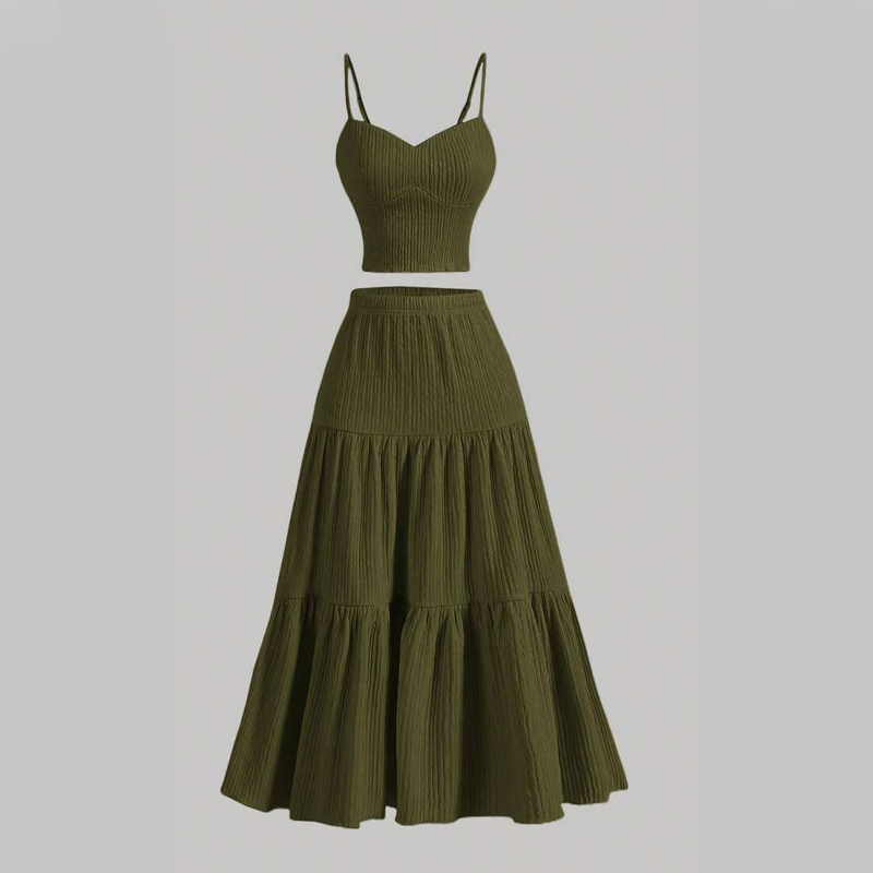 ⏳Time-Limited Special⏰High Waist A-Line Skirt and Cami Top Set – Tiered Skirt, Crinkle Fabric, Boho-Chic ✨