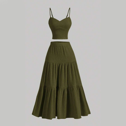 ⏳Time-Limited Special⏰High Waist A-Line Skirt and Cami Top Set – Tiered Skirt, Crinkle Fabric, Boho-Chic ✨