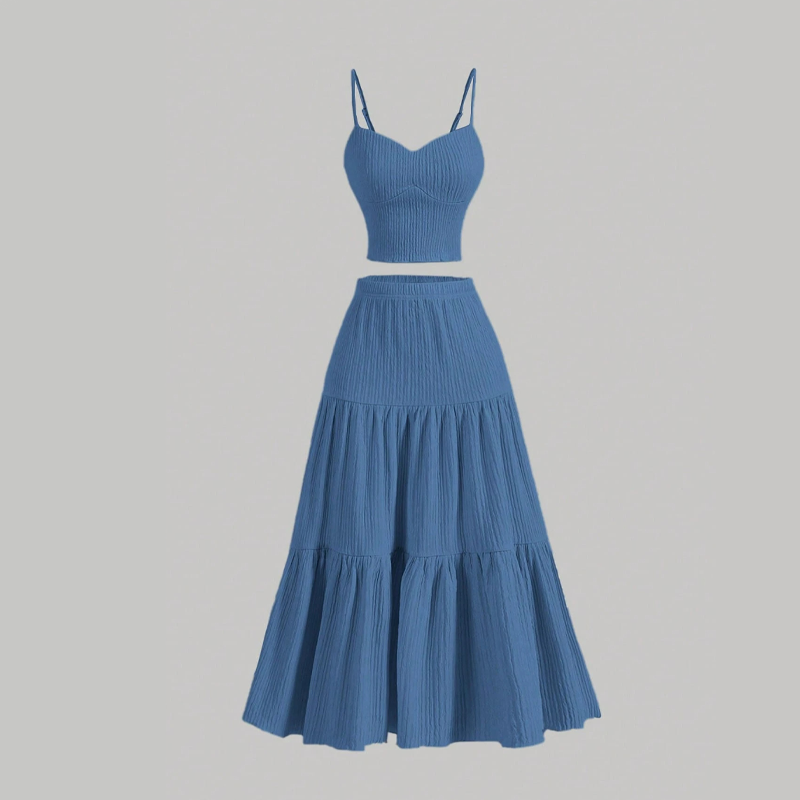⏳Time-Limited Special⏰High Waist A-Line Skirt and Cami Top Set – Tiered Skirt, Crinkle Fabric, Boho-Chic ✨