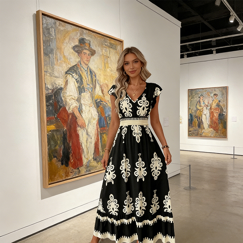 ⏳Time-Limited Special⏰Women's V-Neck Baroque Print Flowy Maxi Dress